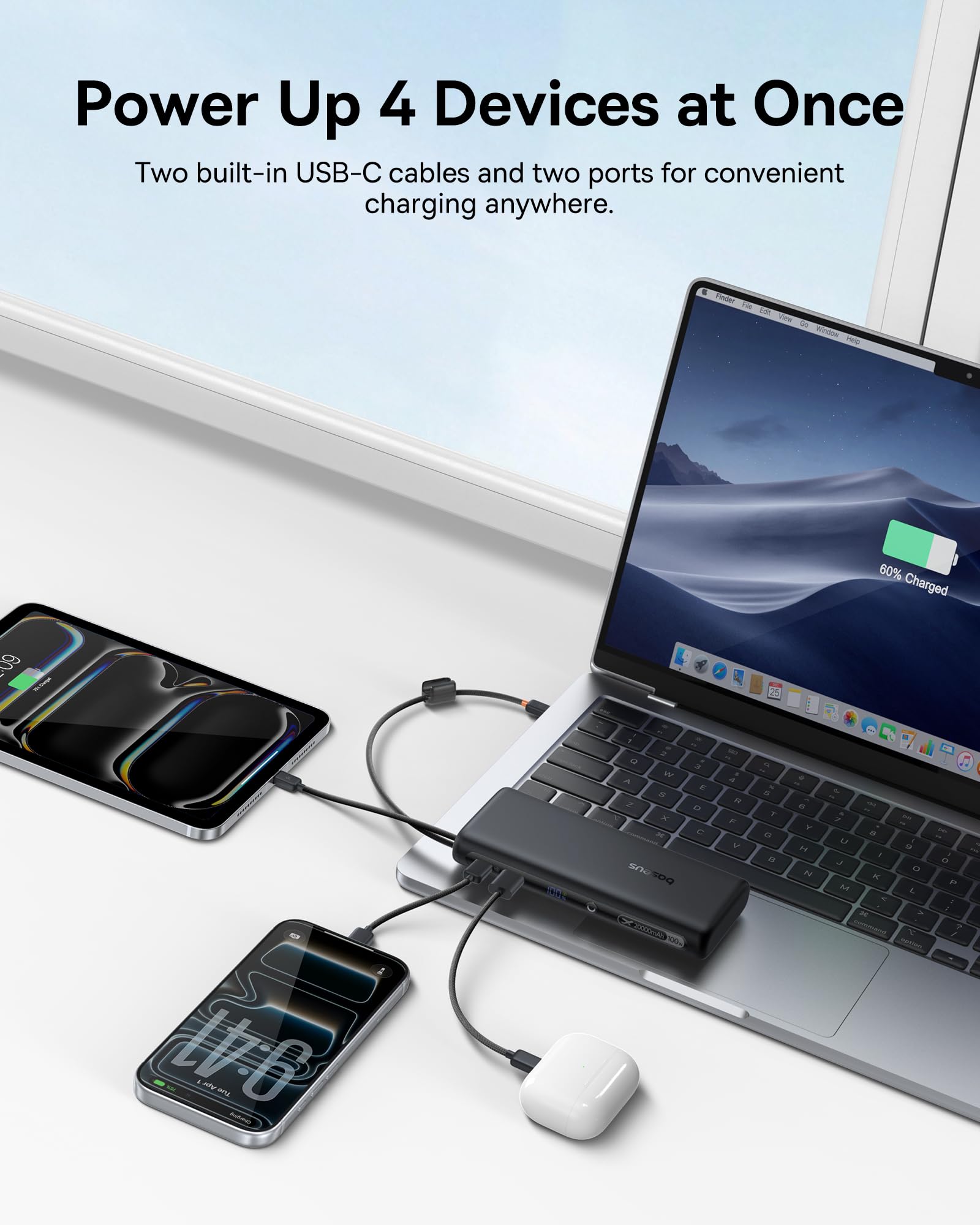 Baseus 100W Power Bank 20000mAh, Portable Laptop Charger with Built-in USB-C Dual Cables, Travel Essential PD QC Fast Charging for MacBook, iPad, iPhone 17/16, Samsung, Steam Deck, TSA-Approved - Image 5