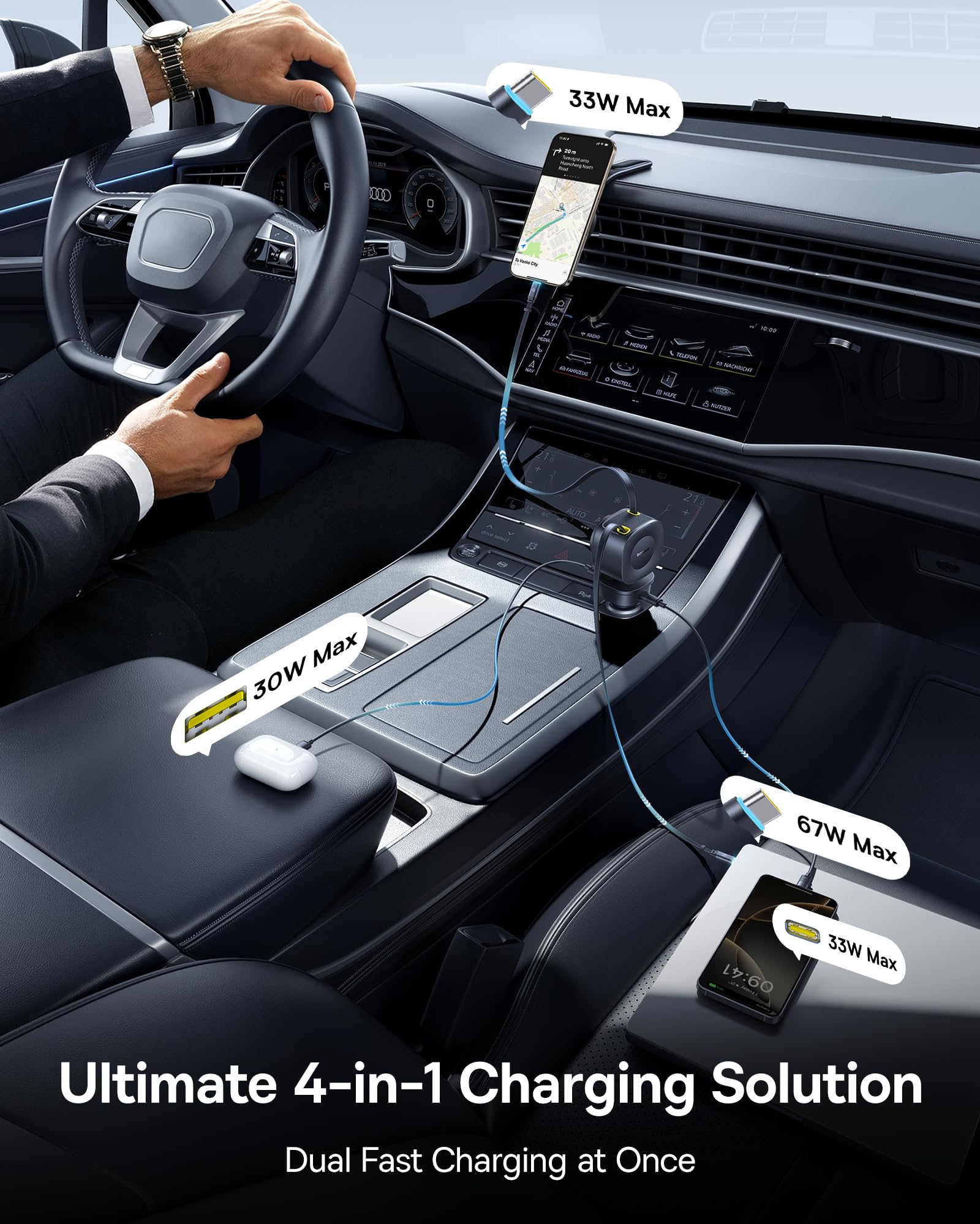 Baseus 163W Retractable Car Charger USB C Fast Charging, 4 in 1 Fast Car Charger and Baseus USBC to USBC Cable, 100W Retractable Cable, 4-Stage Length Preset USB Type C Cord - Image 3