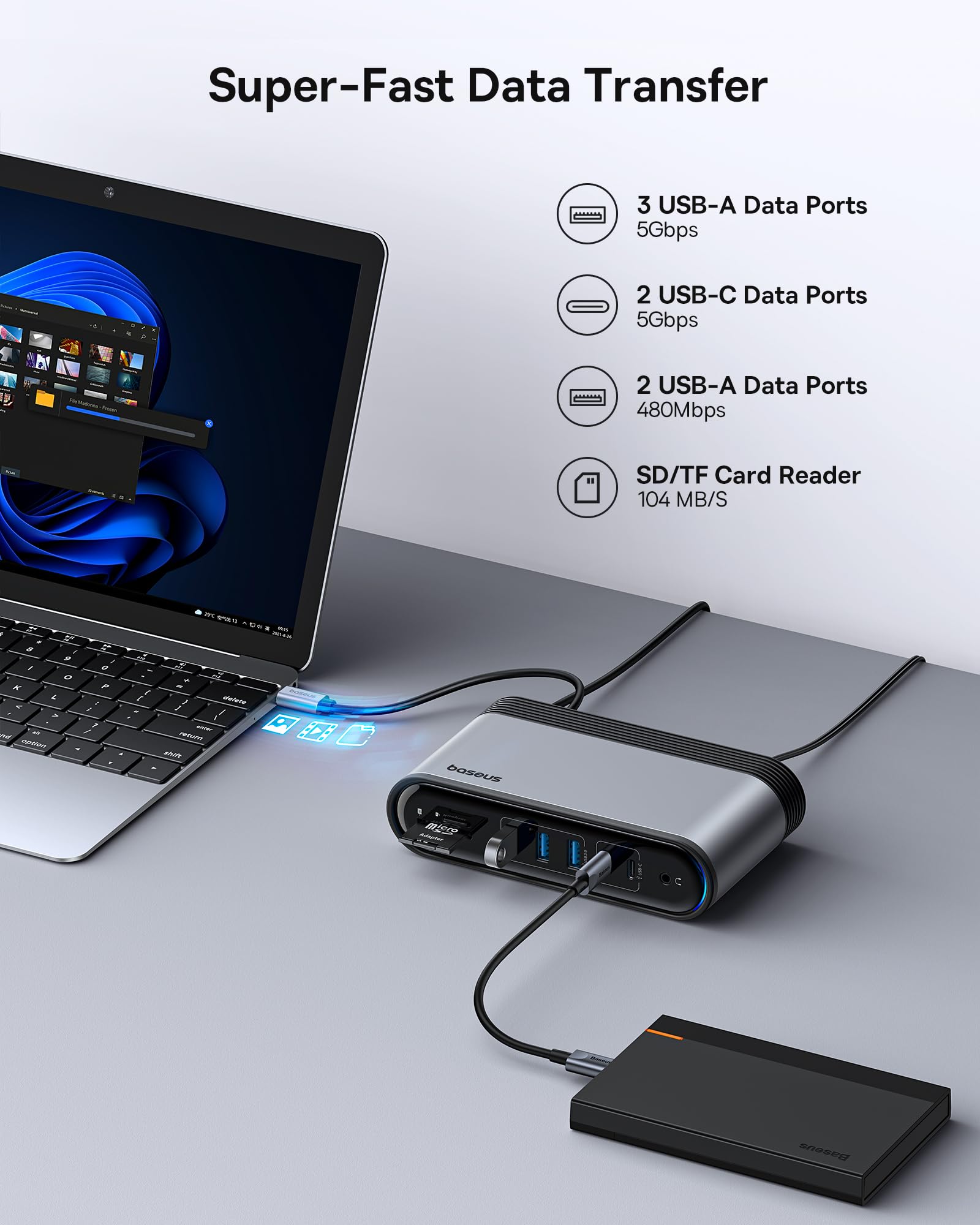 Baseus 17-in-1 Laptop Docking Station 3 Monitors with 4K HDMI+DP, USB C Docking Station with 7 USB, 1000Mbps Ethernet, 100W PD, Card Readers Compatible with Acer/HP/Lenovo/Mac/Dell - Image 4