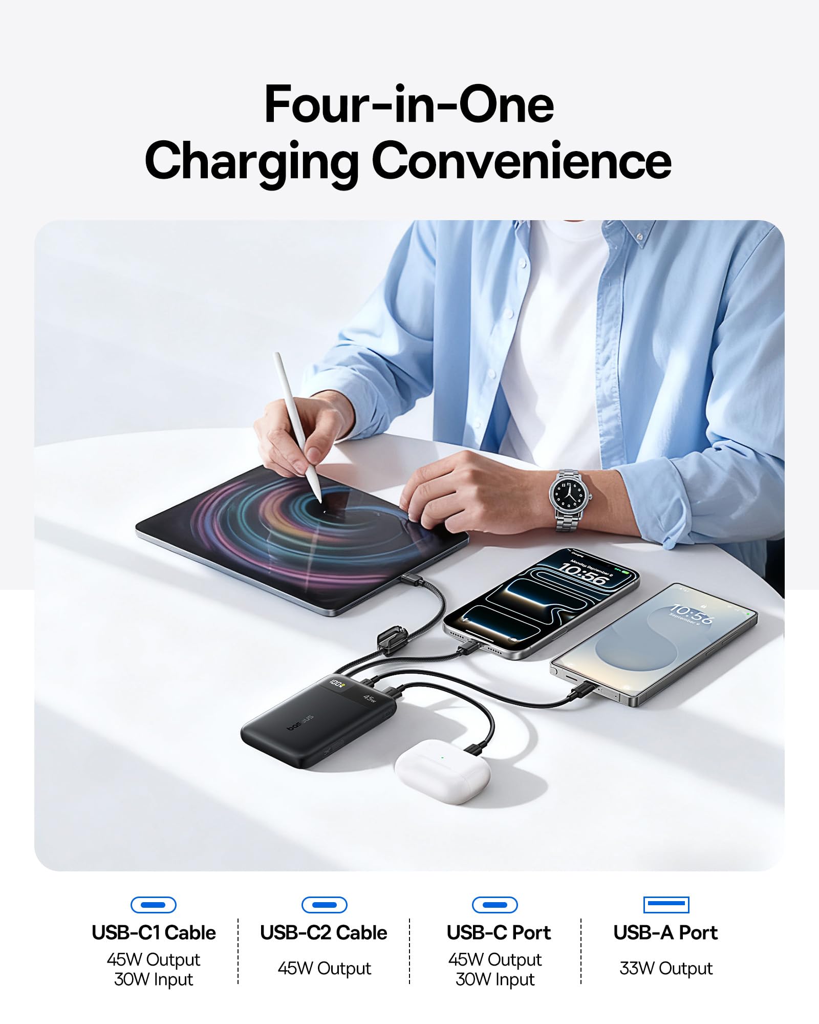 Baseus aseus Picogo 0.5" Ultra Slim 10000mAh MagSafe Portable Charger, Bundle with 45W Portable Charger, Ultra Slim 10000mAh Power Bank Built-in USB-C Cables - Image 8