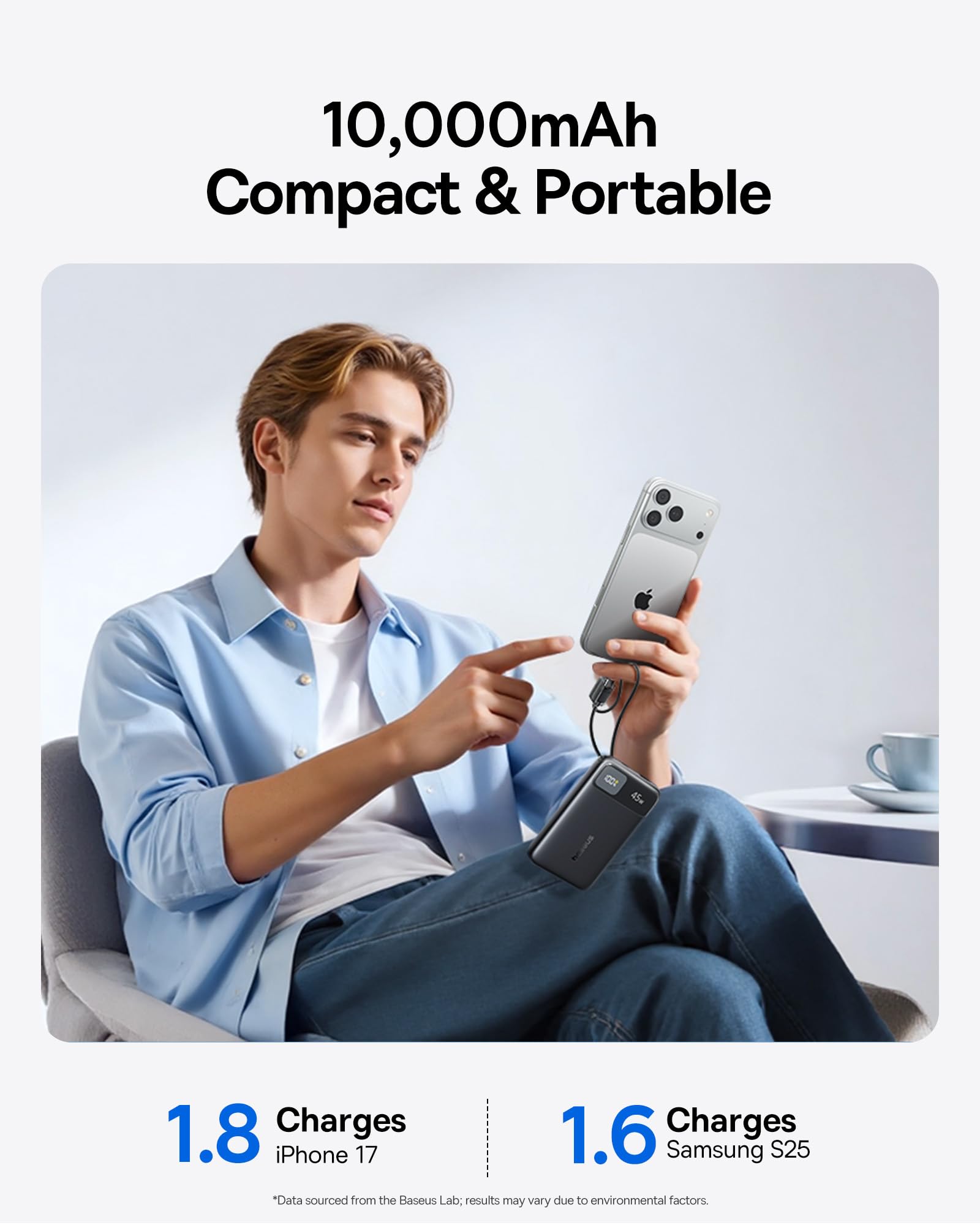 Baseus aseus Picogo 0.5" Ultra Slim 10000mAh MagSafe Portable Charger, Bundle with 45W Portable Charger, Ultra Slim 10000mAh Power Bank Built-in USB-C Cables - Image 9