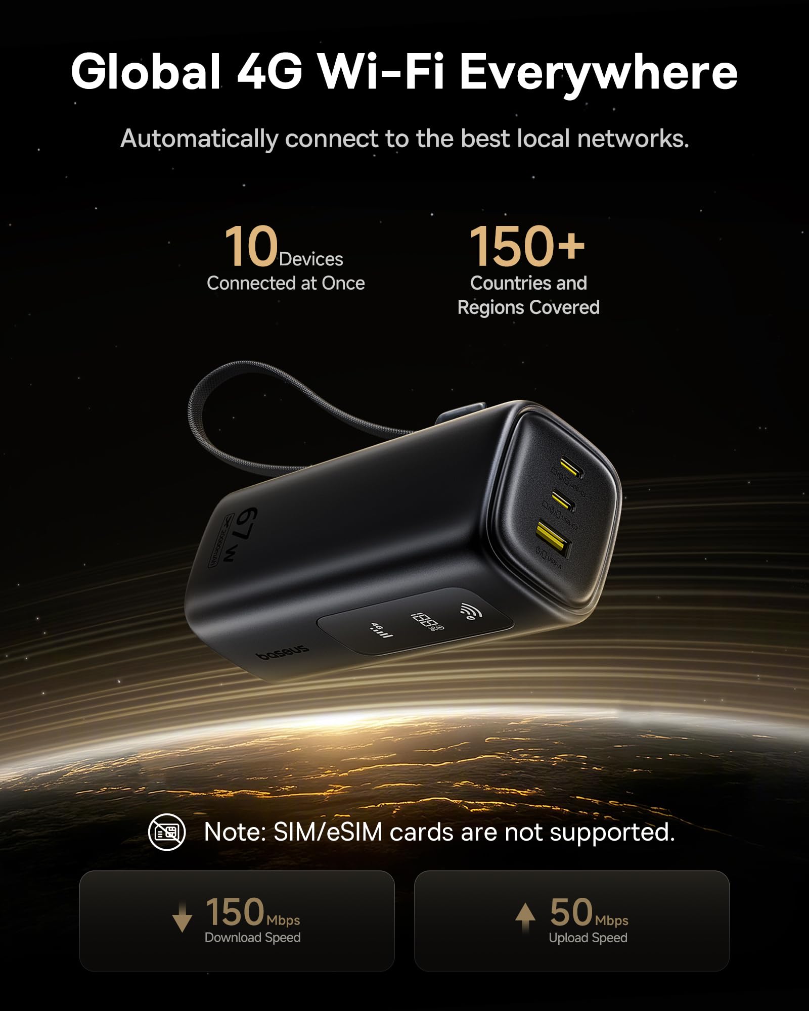 Baseus 4G LTE Mobile Hotspot & 20000mAh 67W Power Bank 2-in-1, Portable WiFi for Travel in 150+ Countries, No SIM Card, No Contract, 10 Devices, Worldwide Hotspot Router (Includes 20GB Local Data) - Image 3