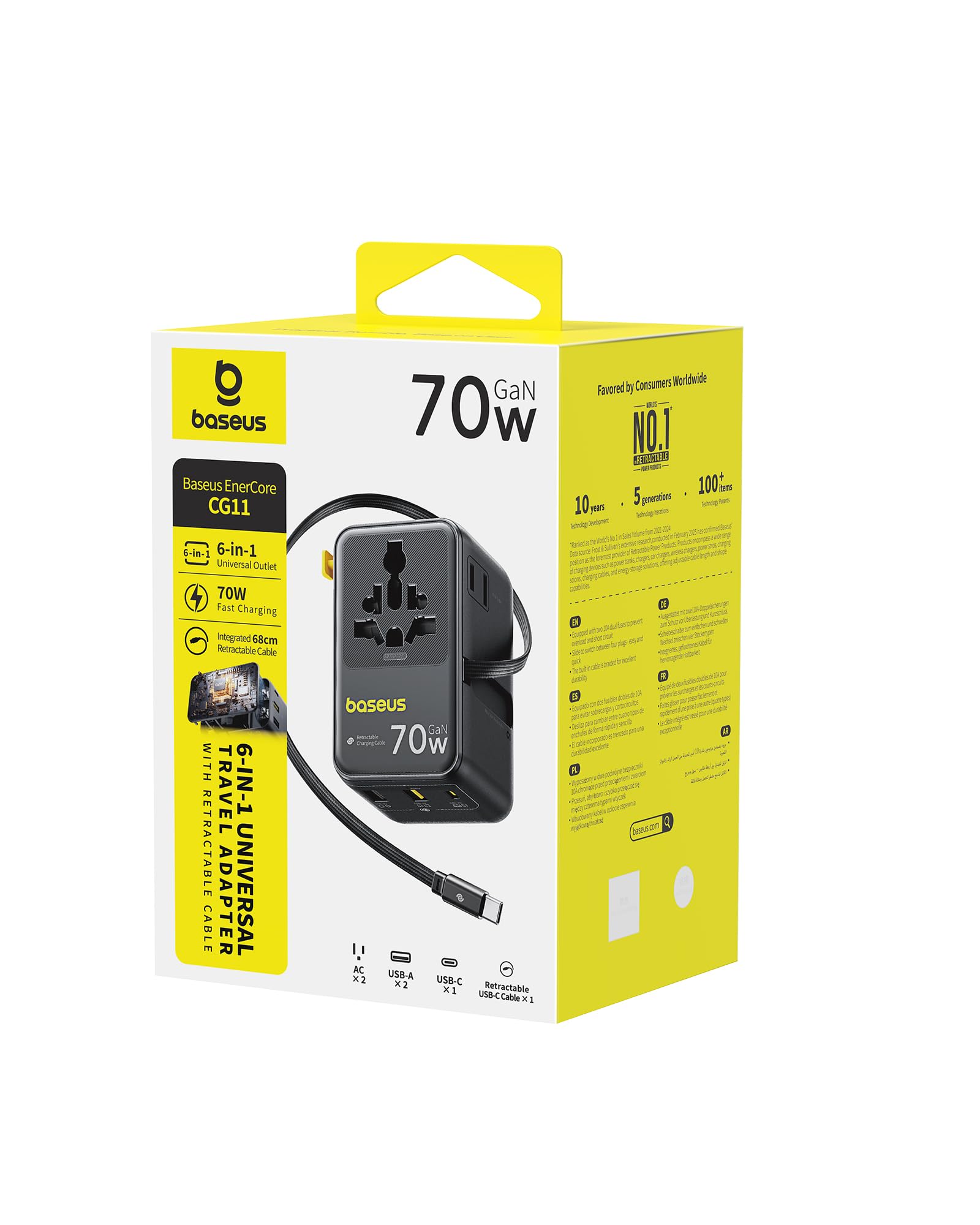 Baseus 70W Universal Travel Adapter, 6-in-1 International Plug Adapter with Retractable Cable, USB-C PD Fast Charging Worldwide Wall Charger for USA/EU/UK/AUS and Over 200 Countries - Enercore CG11 - Image 8