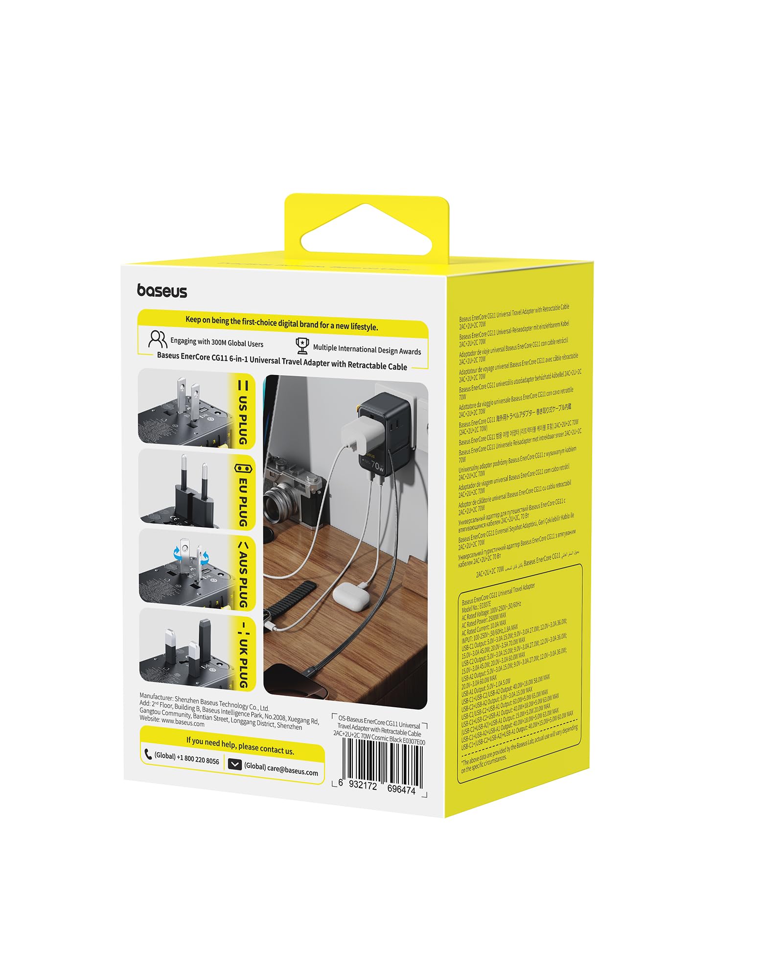 Baseus 70W Universal Travel Adapter, 6-in-1 International Plug Adapter with Retractable Cable, USB-C PD Fast Charging Worldwide Wall Charger for USA/EU/UK/AUS and Over 200 Countries - Enercore CG11 - Image 9