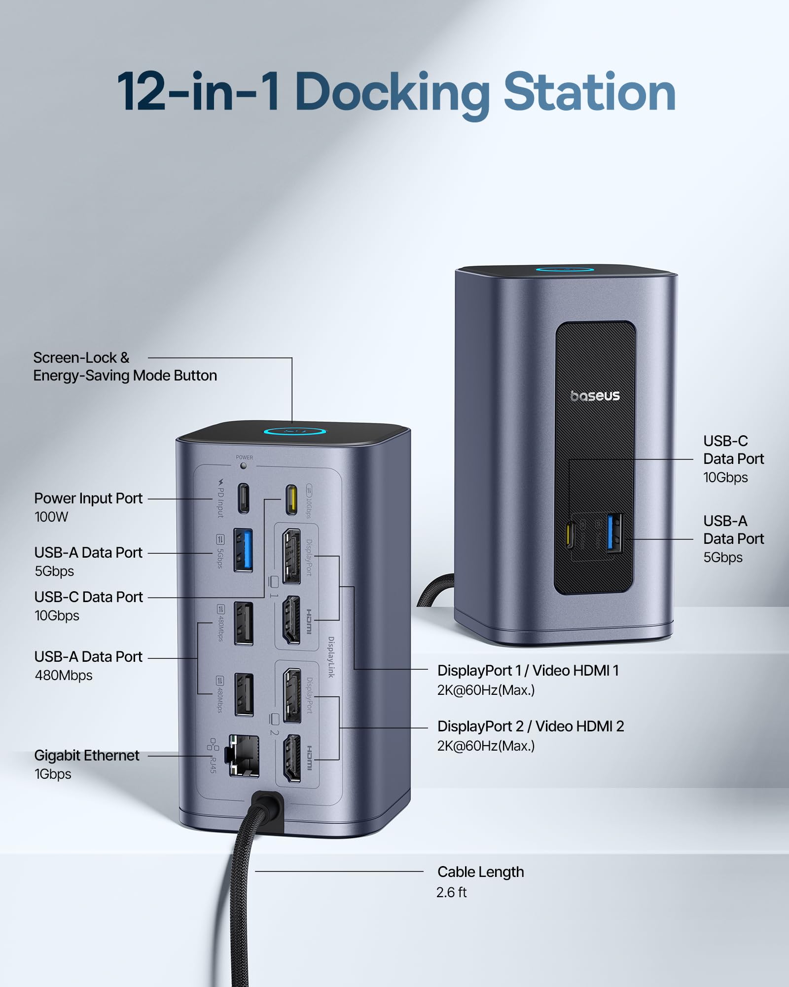 Baseus Docking Station Dual Monitor for macOS and Windows, Nomos Mac Air(12 in 1) Laptop Dock Station with 2K HDMI, 10Gbps USB Ports, 1Gbps Ethernet, PD 100W(No Adapter) - Image 4