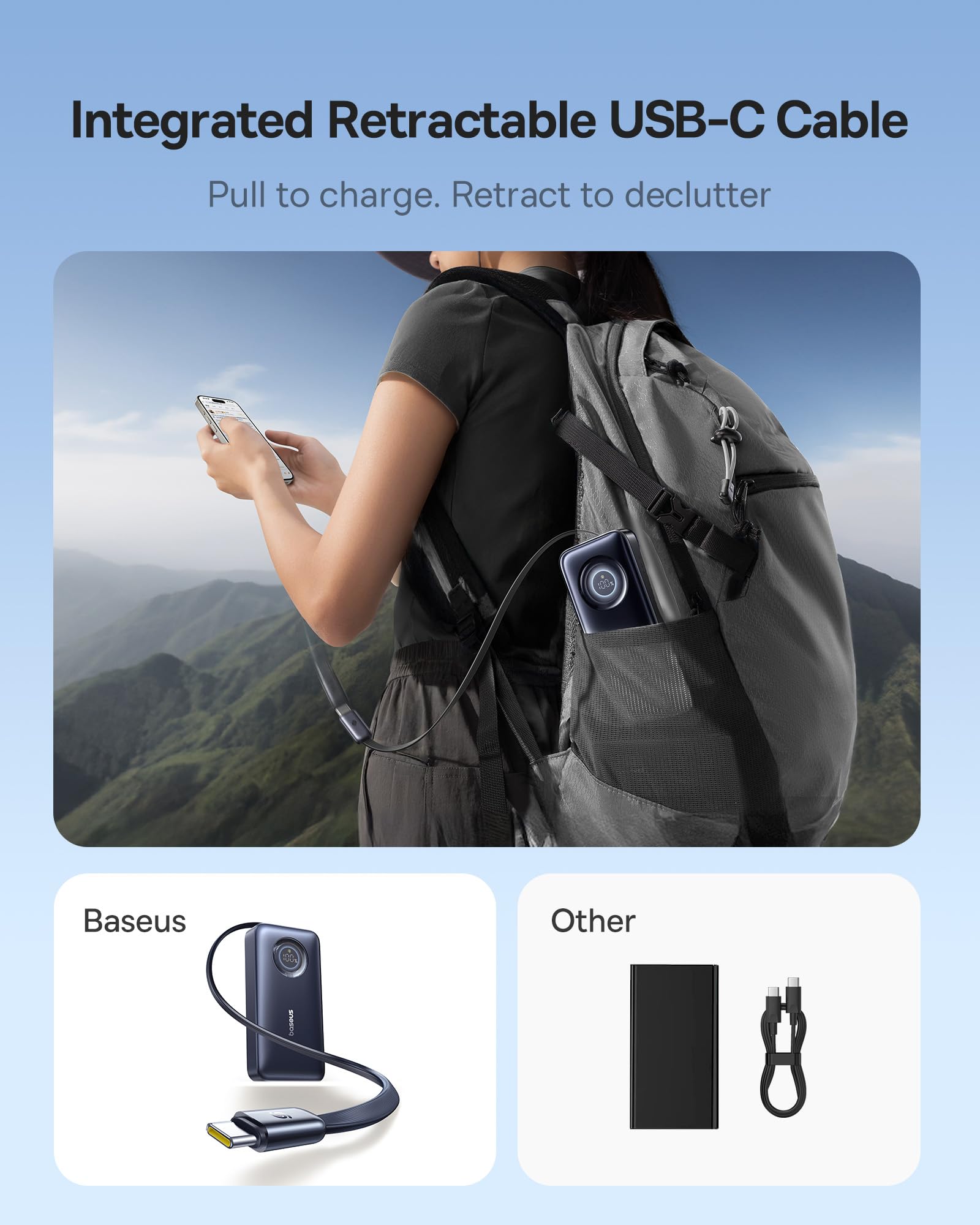 Baseus Enercore Retractable USB C Charger, 67W 3 in 1 Fast Charging Block with Foldable Plug Bundle with Power Bank, 10000mAh Fast Charging Portable Charger Built-in 45W Retractable USB C Cable - Image 6