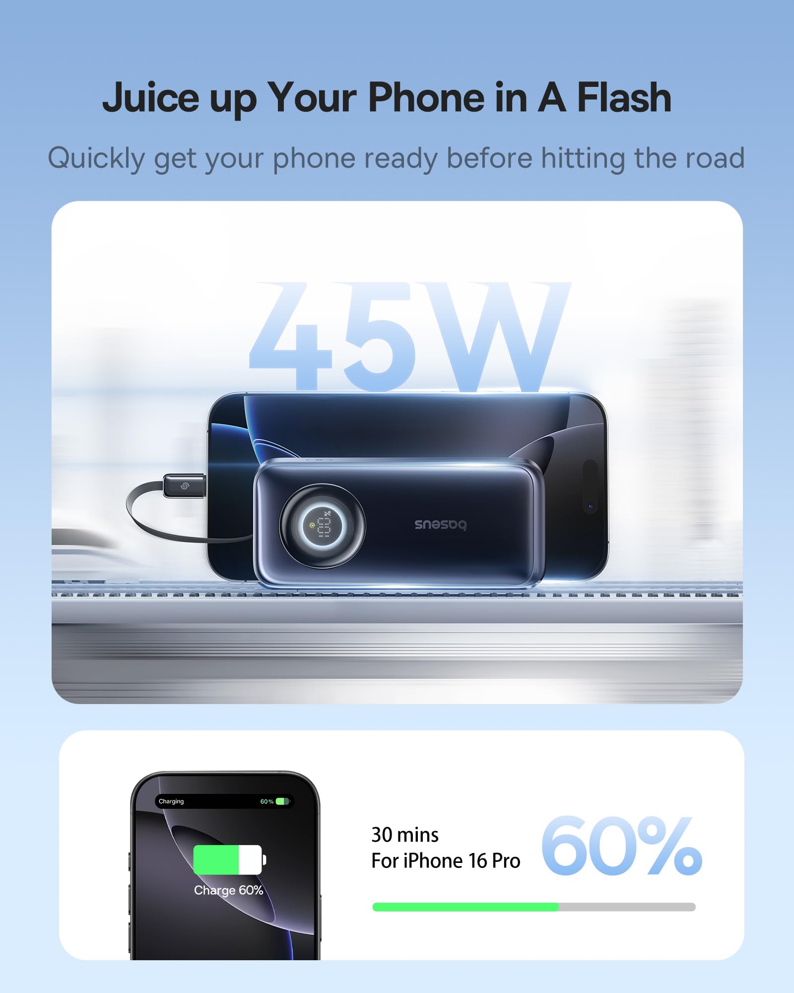 Baseus Enercore Retractable USB C Charger, 67W 3 in 1 Fast Charging Block with Foldable Plug Bundle with Power Bank, 10000mAh Fast Charging Portable Charger Built-in 45W Retractable USB C Cable - Image 8