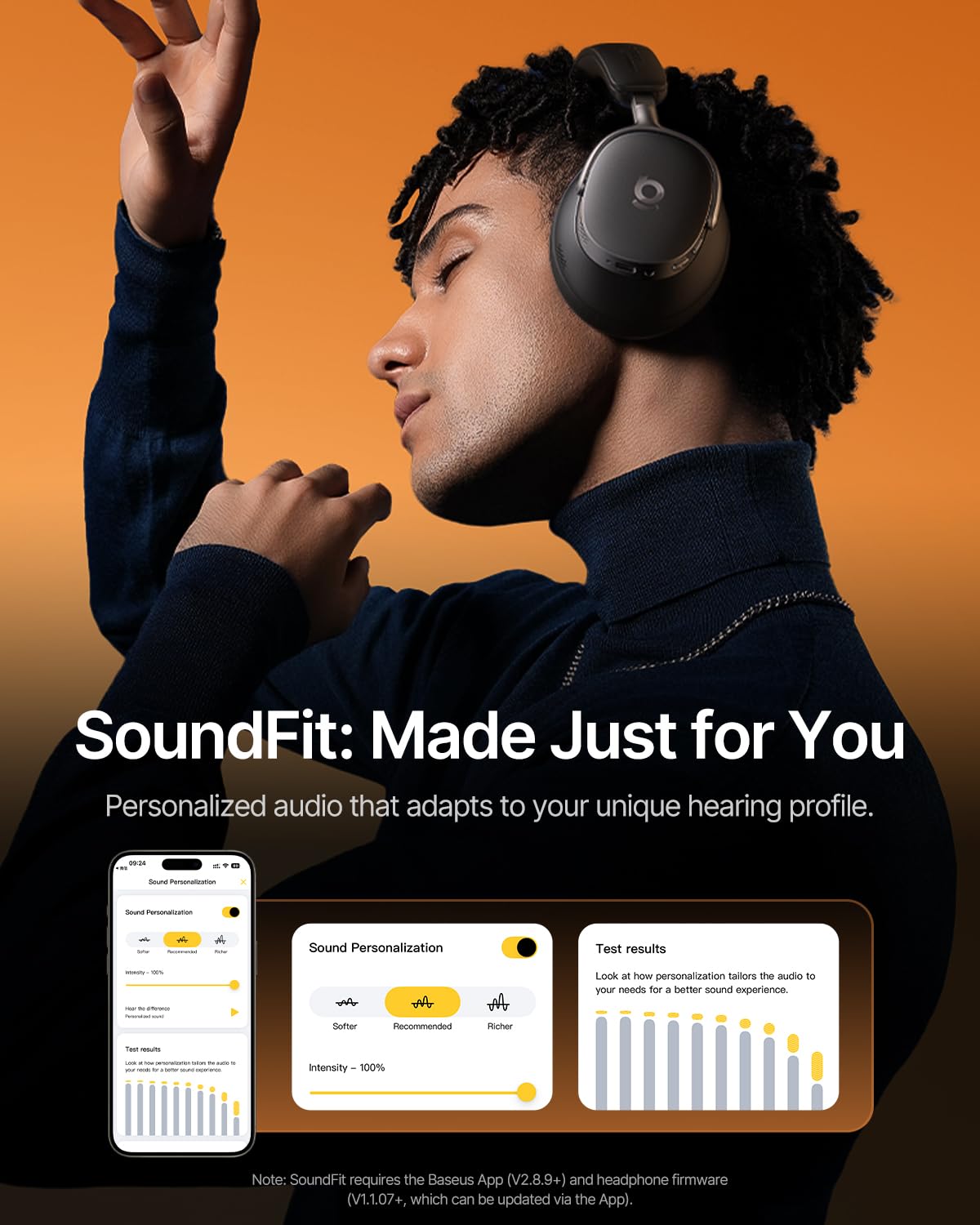 Baseus Inspire XH1 Adaptive Active Noise Cancelling Headphones, Sound by Bose, Dolby Audio, Premium Real-Time Adaptive ANC, Adaptive Tuning Rich Sound, Hi-Res Audio, 100H Playtime - Cosmic Black - Image 4