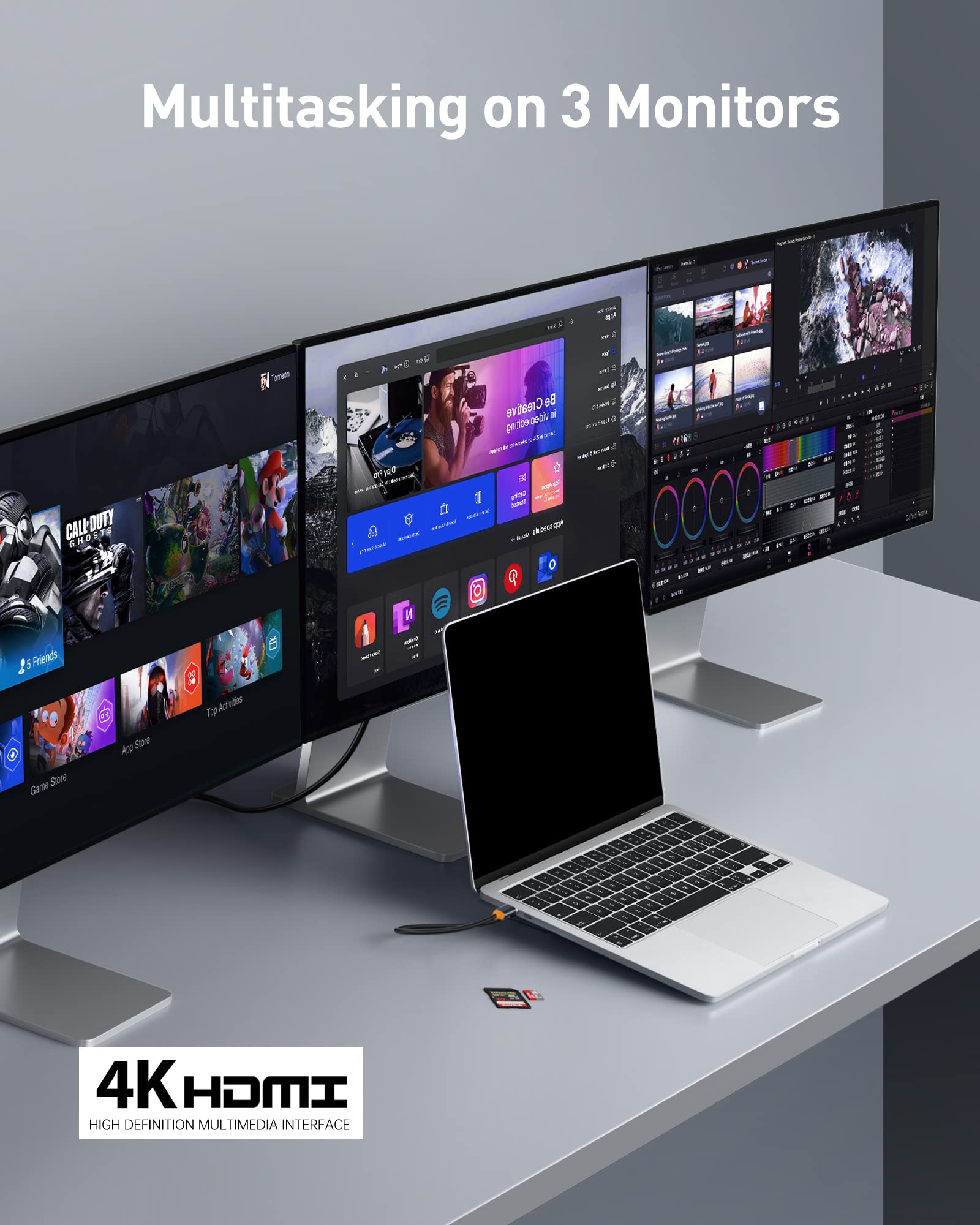 Baseus Laptop Docking Station, 4K Multitasking Docking Station with 2 HDMI+DP, PD, 3 USB-A, RJ45, Audio, TF/SD Card Reader, USB Hub Compatible for MacBook/Dell/HP/Surface/Lenovo - Image 3