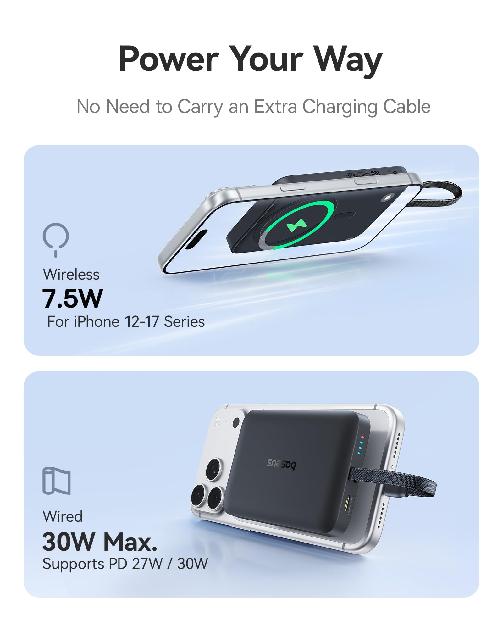 Baseus Magsafe Power Bank, 10,000mAh 30W Magnetic Portable Charger, Fast Charging Wireless Battery Pack with Built-in Braided USB-C Cable for iPhone 17 Pro Max/Air/16/15/14/13, AirPods, iPad and More - Image 3