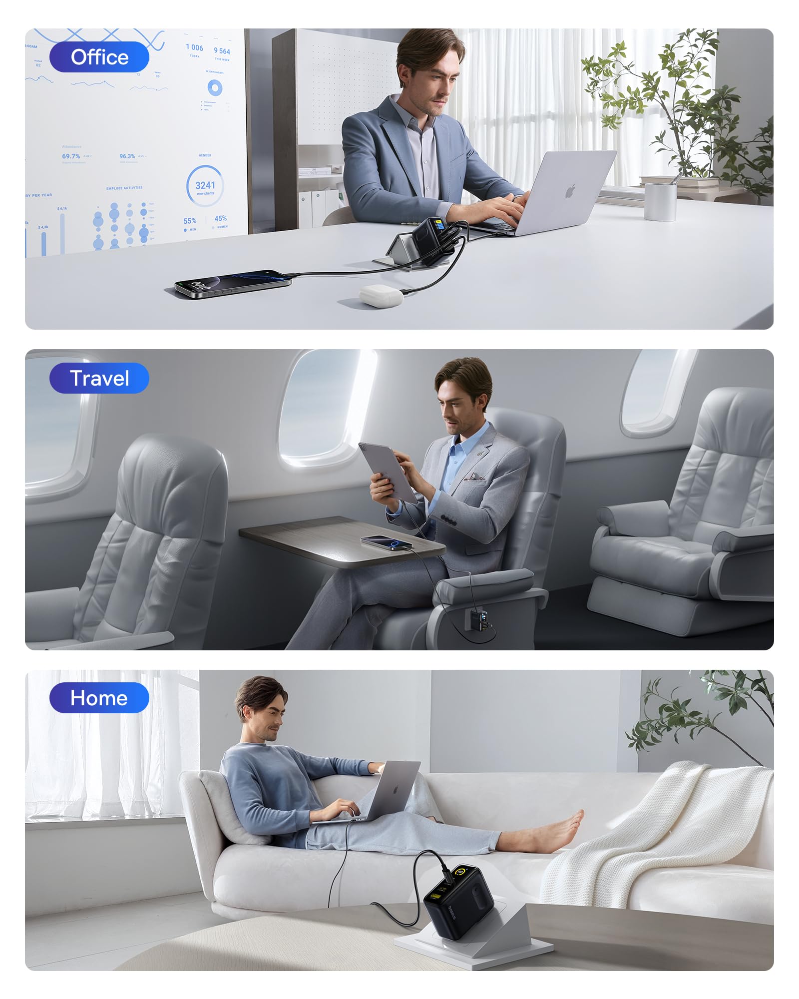 Baseus Picogo 100W USB C Charger, 3-Port Multi-Device Fast Charging Laptop Charger with Smart Display & Touch Control, GaN Power Adapter for MacBook Pro, iPhone 17/16, Pixel, Steam Deck, ROG Ally - Image 7