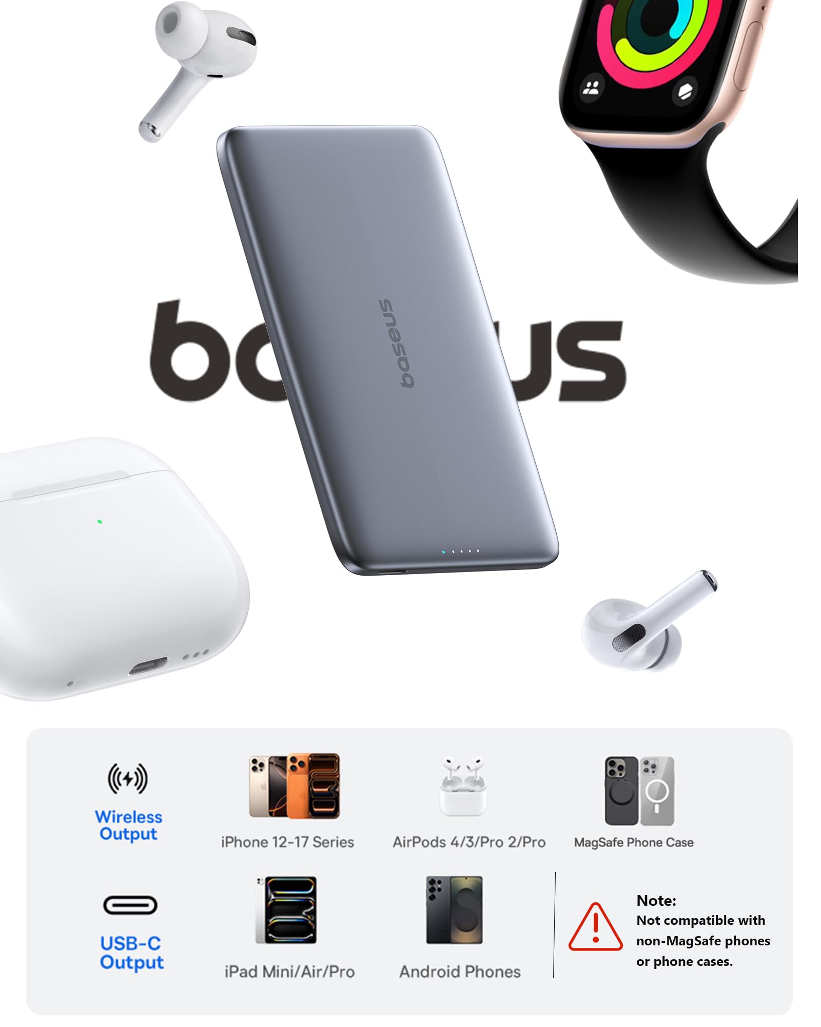 Baseus Picogo Power Bank, 0.3" Ultra Slim 5000mAh MagSafe Portable Charger, Card-Size Magnetic Battery Pack with USB-C Braided Cable, Alloy Wireless Charger for iPhone 17 Pro Max/17 Air/16/15/14/13/12 - Image 7