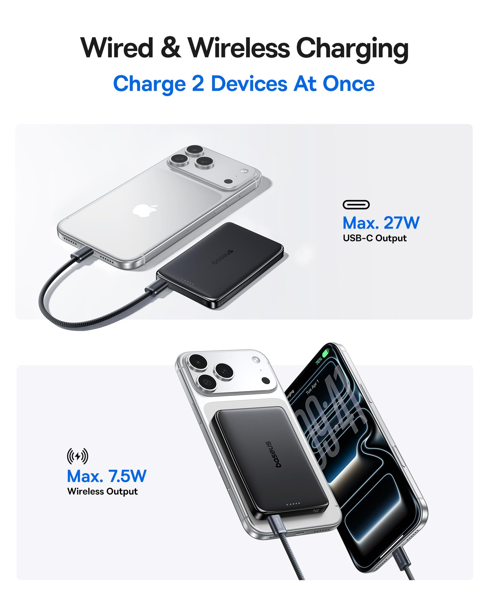 Baseus Picogo Power Bank, 0.5" Ultra Slim 10000mAh MagSafe Portable Charger, 27W Fast Charging Magnetic Battery Pack, Upgraded Polished Alloy Wireless Charger for iPhone 17 Pro Max/Air/16/15/14/13/12 - Image 3