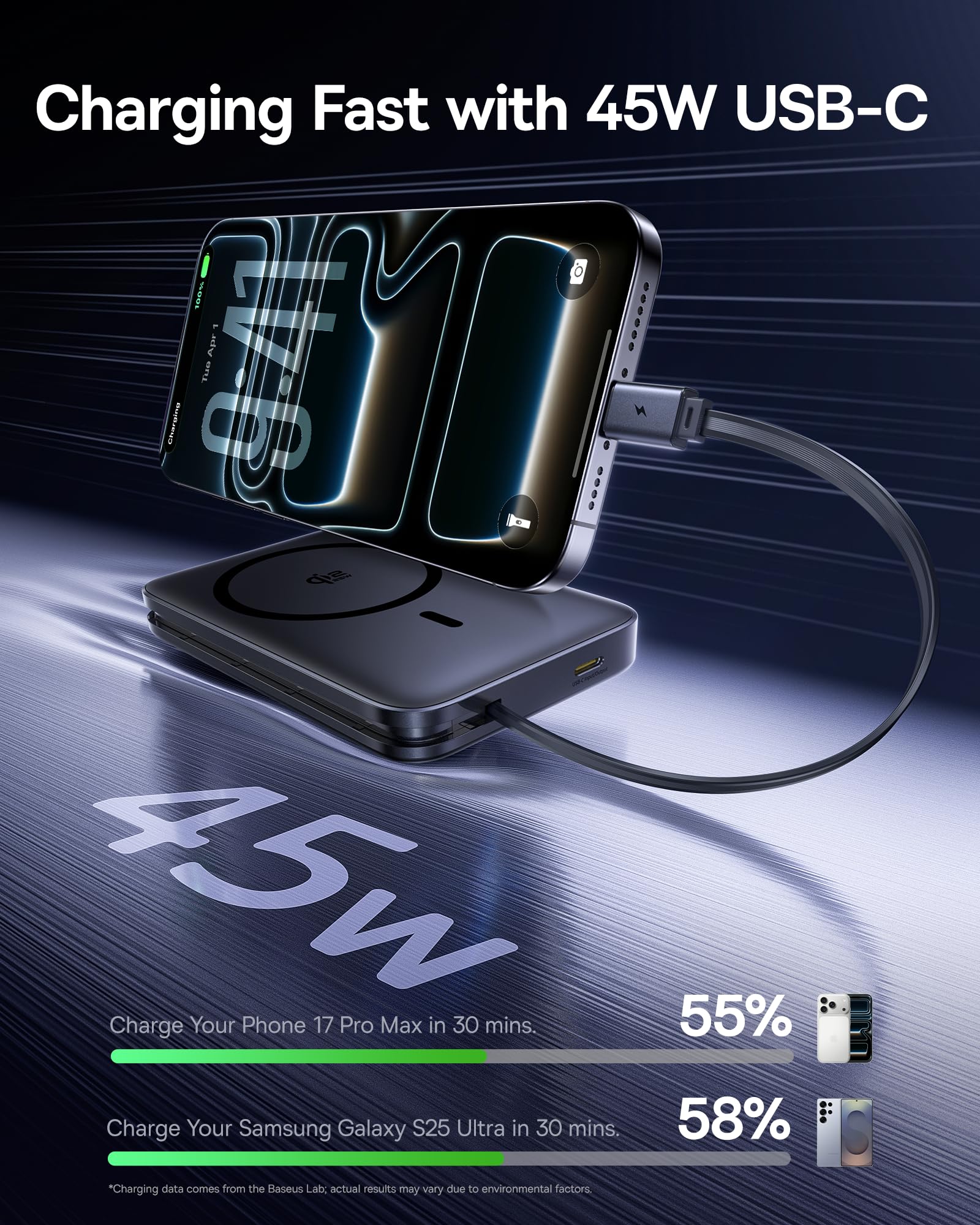 Baseus Picogo Qi2.2 25W Magsafe Portable Charger Power Bank 10000mAh 45W, with Built-in Cable USB-C Fast Charging Magnetic Battery Pack for iPhone 17/16/15/14/13/12 Pro Max/Pixel 10 Pro, Black - Image 3