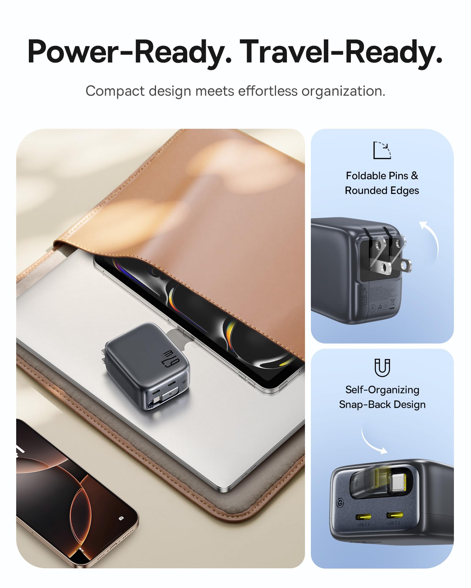 Baseus Enercore Retractable USB C Charger, 67W 3 in 1 Fast Charging Block with Foldable Plug Bundle with Power Bank, 10000mAh Fast Charging Portable Charger Built-in 45W Retractable USB C Cable - Image 5