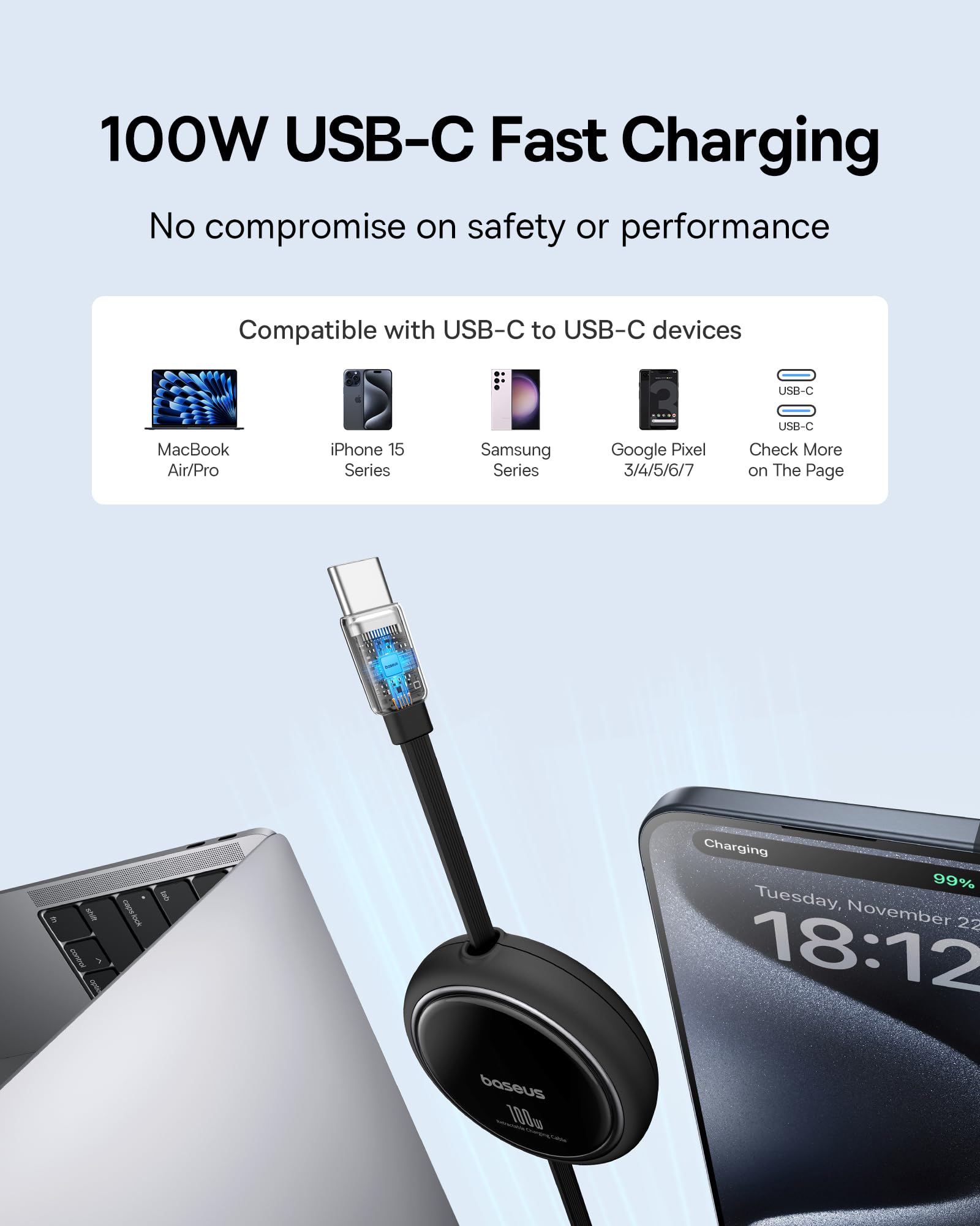 Baseus 163W Retractable Car Charger USB C Fast Charging, 4 in 1 Fast Car Charger and Baseus USBC to USBC Cable, 100W Retractable Cable, 4-Stage Length Preset USB Type C Cord - Image 6