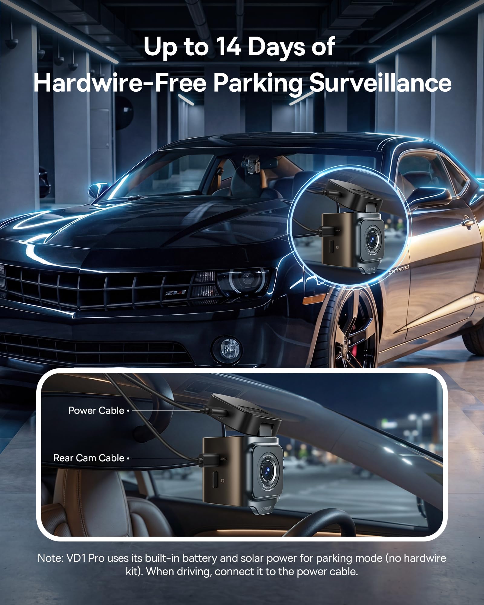 Baseus VD1 Pro Solar Dash Cam Front and Rear, 4K+1080P Dash Camera for Cars, Battery Powered Parking Mode, Starvis Night Vision, 32 GB Card Included, 5GHz WiFi, GPS, Wide Angle,Voice Control - Image 3